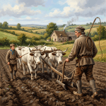 Farmer and child guiding oxen pulling a plow through a field