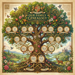 Decorative family genealogy tree linking ancestors, parents, and descendants