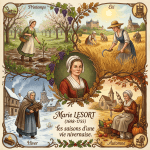 Illustration with text: Printemps, Été, Hiver, Automne, Marie LESORT, (1698–1755), les saisons d’une vie nivernaise.